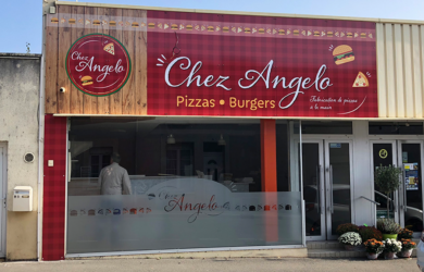 Enseigne Chez Angelo (création logo, identité graphique, ...) La Pommeraye, Maine-et-Loire, graphiste, Studio Paruline, Mauges-sur-Loire