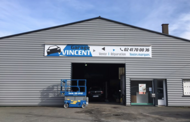 Enseigne Dibond Garage Vincent La Pommeraye, Maine-et-Loire, graphiste, Studio Paruline, Mauges-sur-Loire